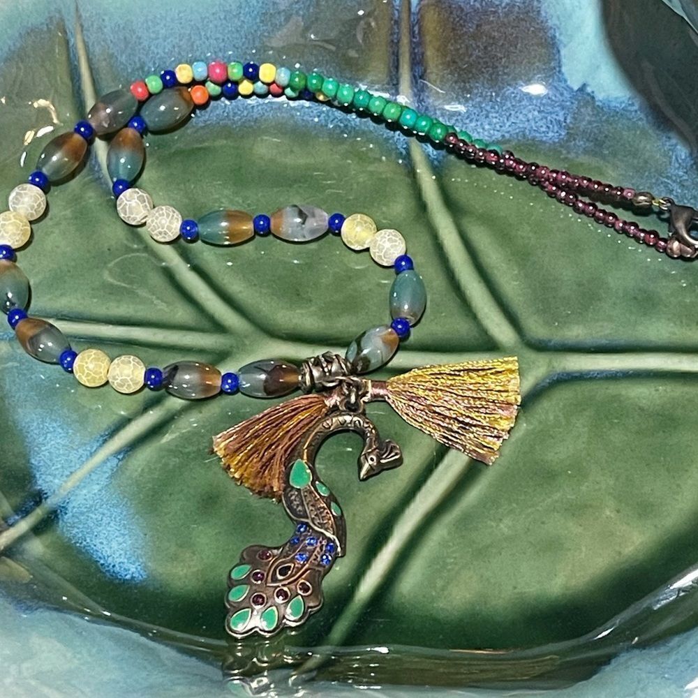 Handcrafted by Me Mumti Gemstone Boho Peacock Charm Necklace 20” with Earrings